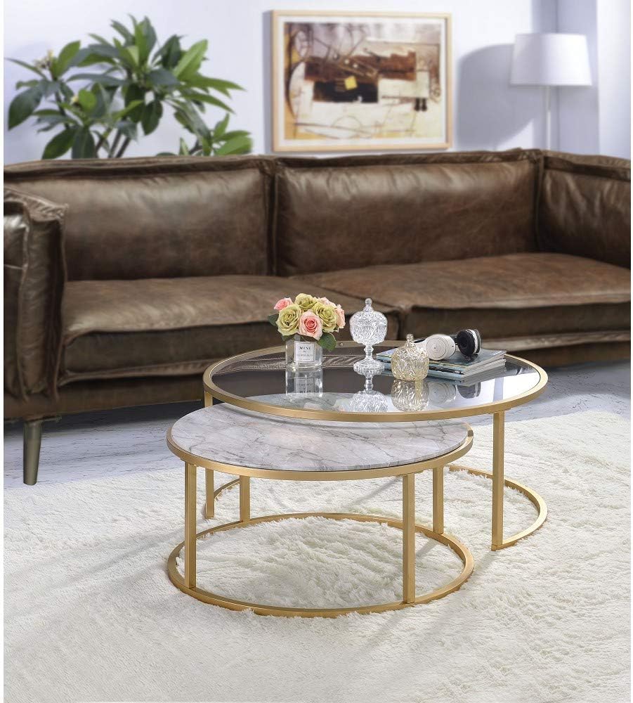 Modern Nesting Coffee Table Set of 2, Faux Marble & Clear Glass Top, Metal Frame, Gold Finish Q850911