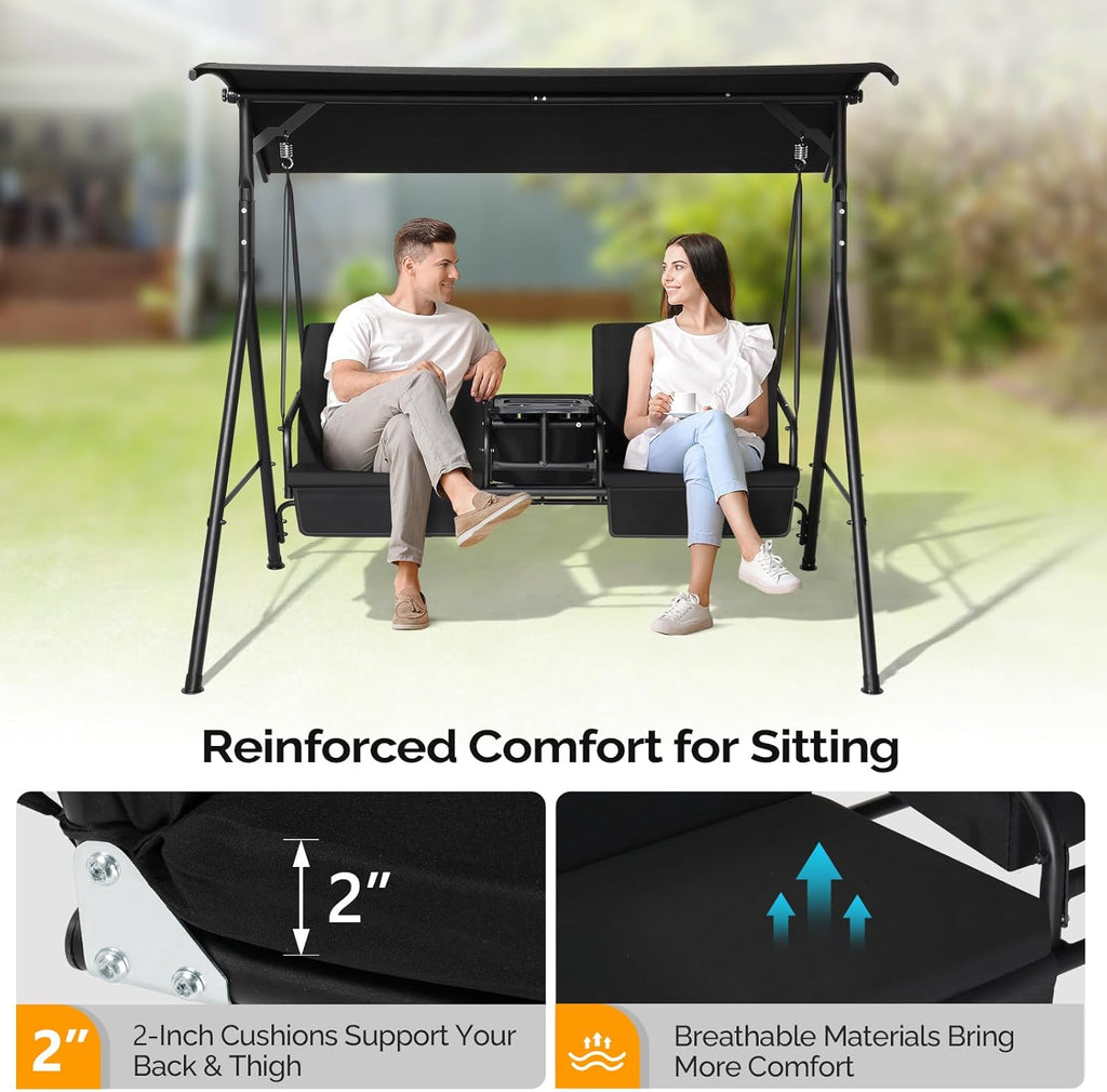 Black Heavy Duty Outdoor Porch Swing with Canopy and Cushions T70444
