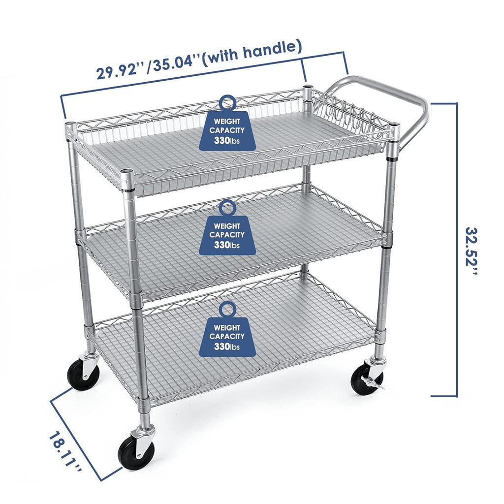 3 Tier Metal Rolling Utility Cart with Wire Shelving P296