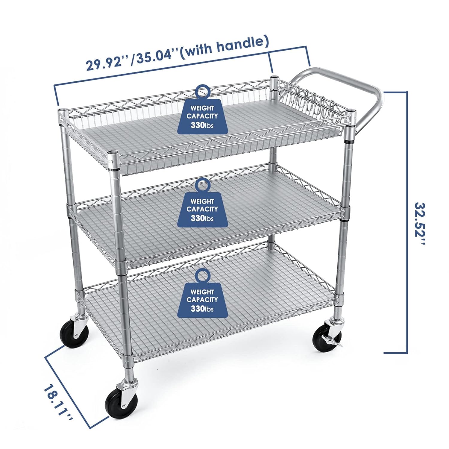 3 Tier Metal Rolling Utility Cart with Wire Shelving P296