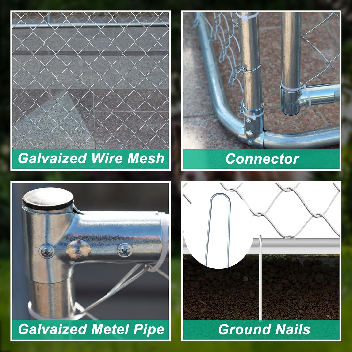 Large Outdoor Dog Kennel with Roof, Chain Link Enclosure, Galvanized Steel, 177.6 x 177.6 x 91.2 Inch I4390