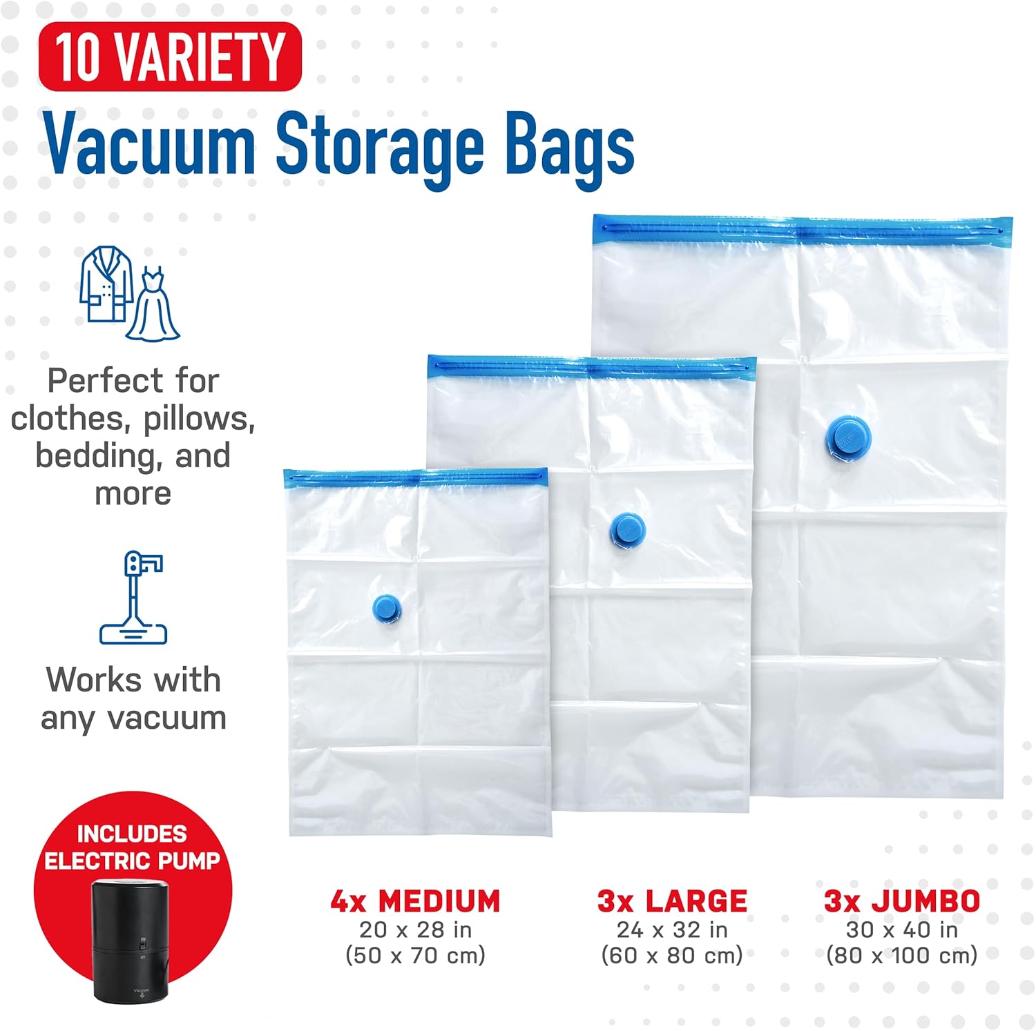 10-Pack Vacuum Storage Bags with Electric Pump U339