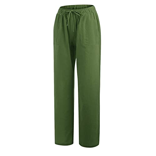 Women Linen Cotton Elastic Waist Drawstring Long Wide Leg Pants Z96895