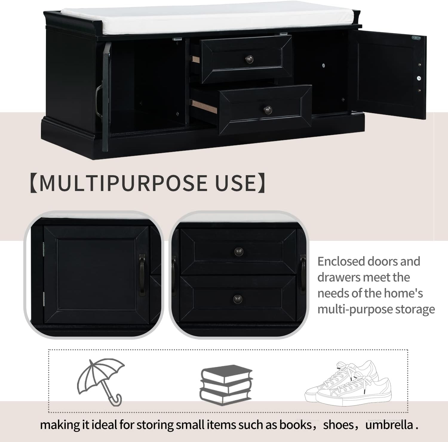 Black Storage Bench with 2 Drawers and 2 Cabinets with Removable Cushion V997276