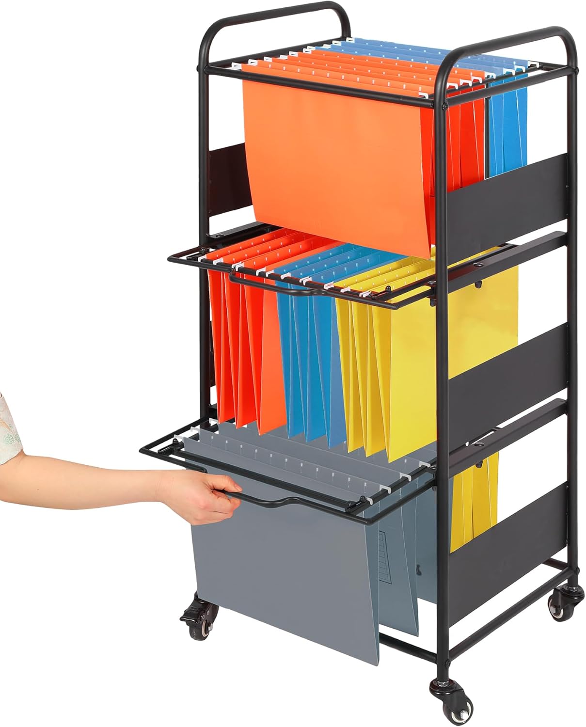 3-Tier Metal Rolling File Cart with Wheels, Black C3320