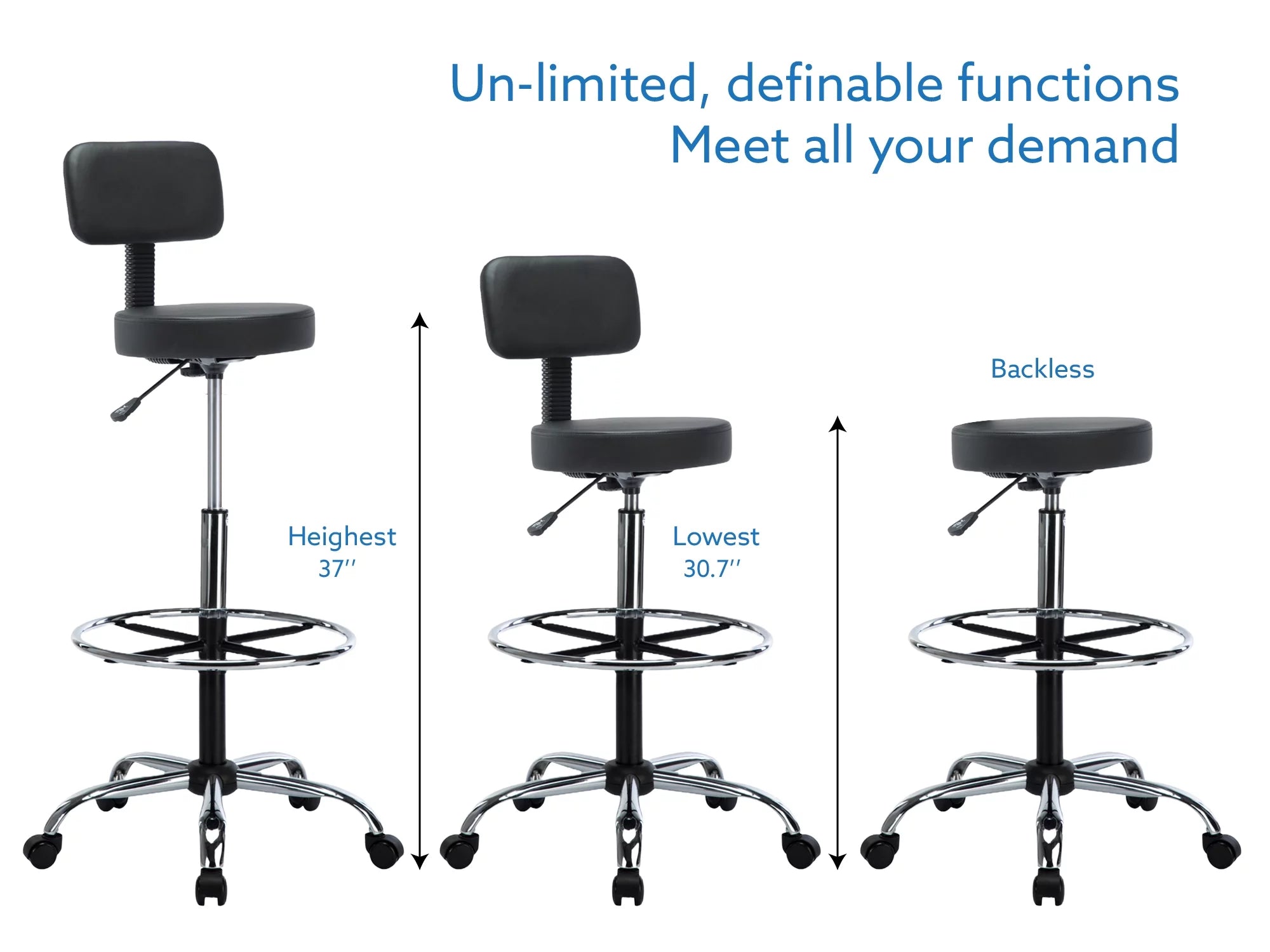 Black Faux Leather Drafting Stool with Backrest and Rolling Wheels E6268