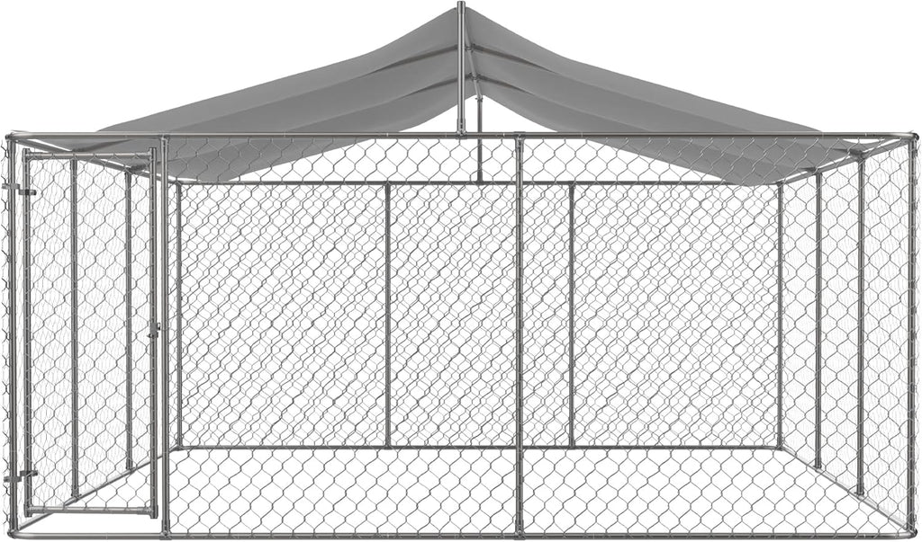 Large Outdoor Dog Kennel with Roof, Chain Link Enclosure, Galvanized Steel, 177.6 x 177.6 x 91.2 Inch I4390