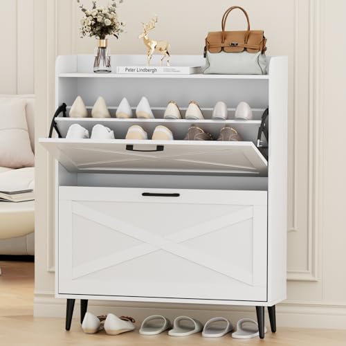 White Shoe Storage Cabinet with 2 Flip Doors and Metal Legs Z454