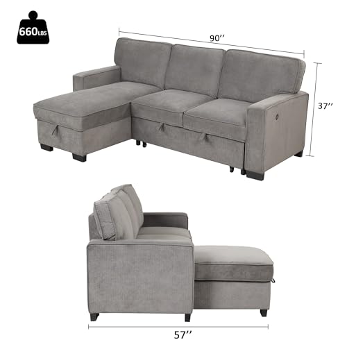 Grey Chenille L-Shaped Sleeper Sofa with Storage B20374