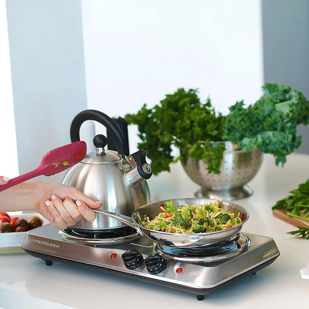 Silver Electric Countertop Double Burner with Stainless Steel Coil Hot Plates A183