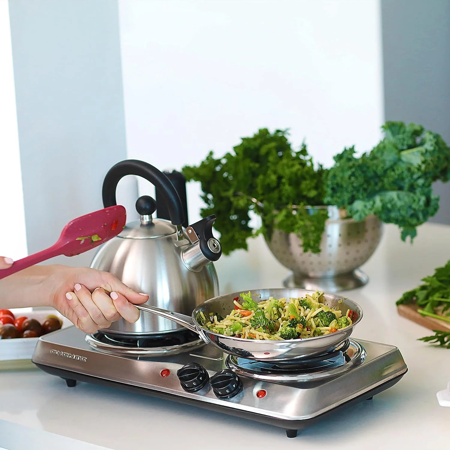 Silver Electric Countertop Double Burner with Stainless Steel Coil Hot Plates A183