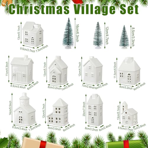 22 Pcs Ceramic Christmas Village Set with Light Include 9 Lighted Village Houses 13 Christmas Trees White Roof T991356