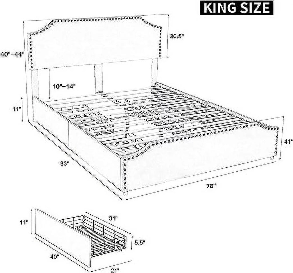 King Size Velvet Upholstered Platform Bed Frame with 4 Storage Drawers and Headboard O750666