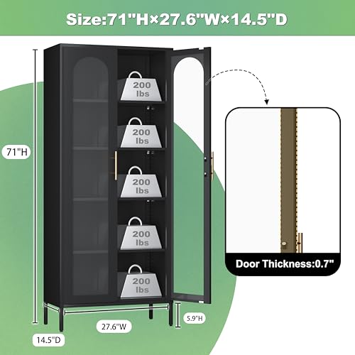 71" Tall Black Glass Display Cabinet with 4 Shelves F94395