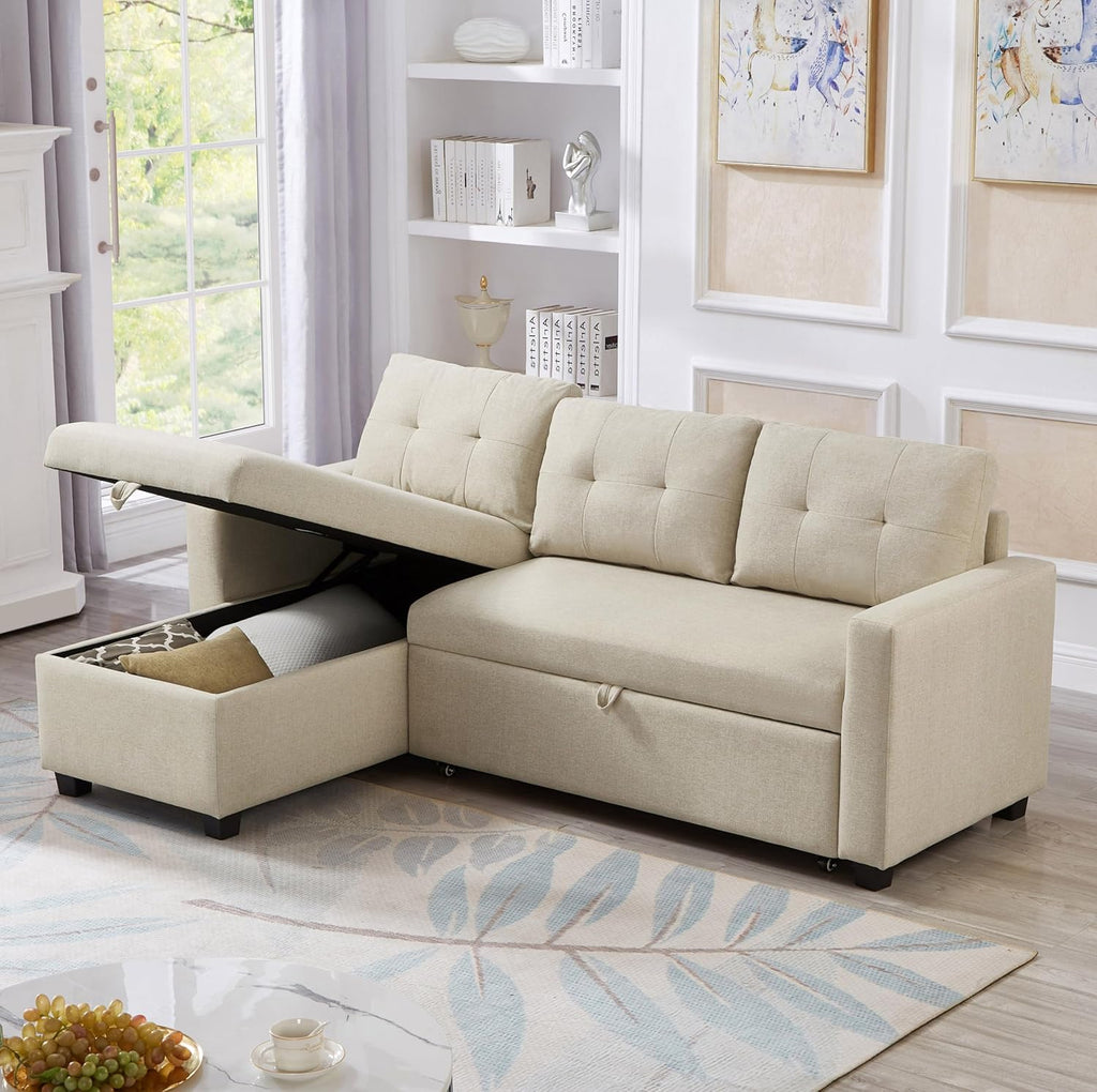 Beige L-Shape Convertible Sofa Sleeper with Pull-Out Bed W5689