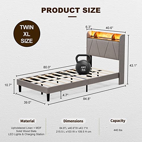 King Bed Frame with Charging Station and Storage Shelf Headboard, Upholstered LED Bed Frame with Solid Wood Slats, Light Brown R147