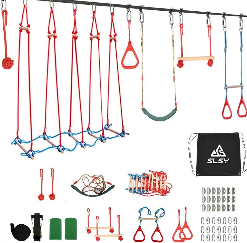 60FT Durable Ninja Slackline Kit with 10 Obstacles & Bag D4632