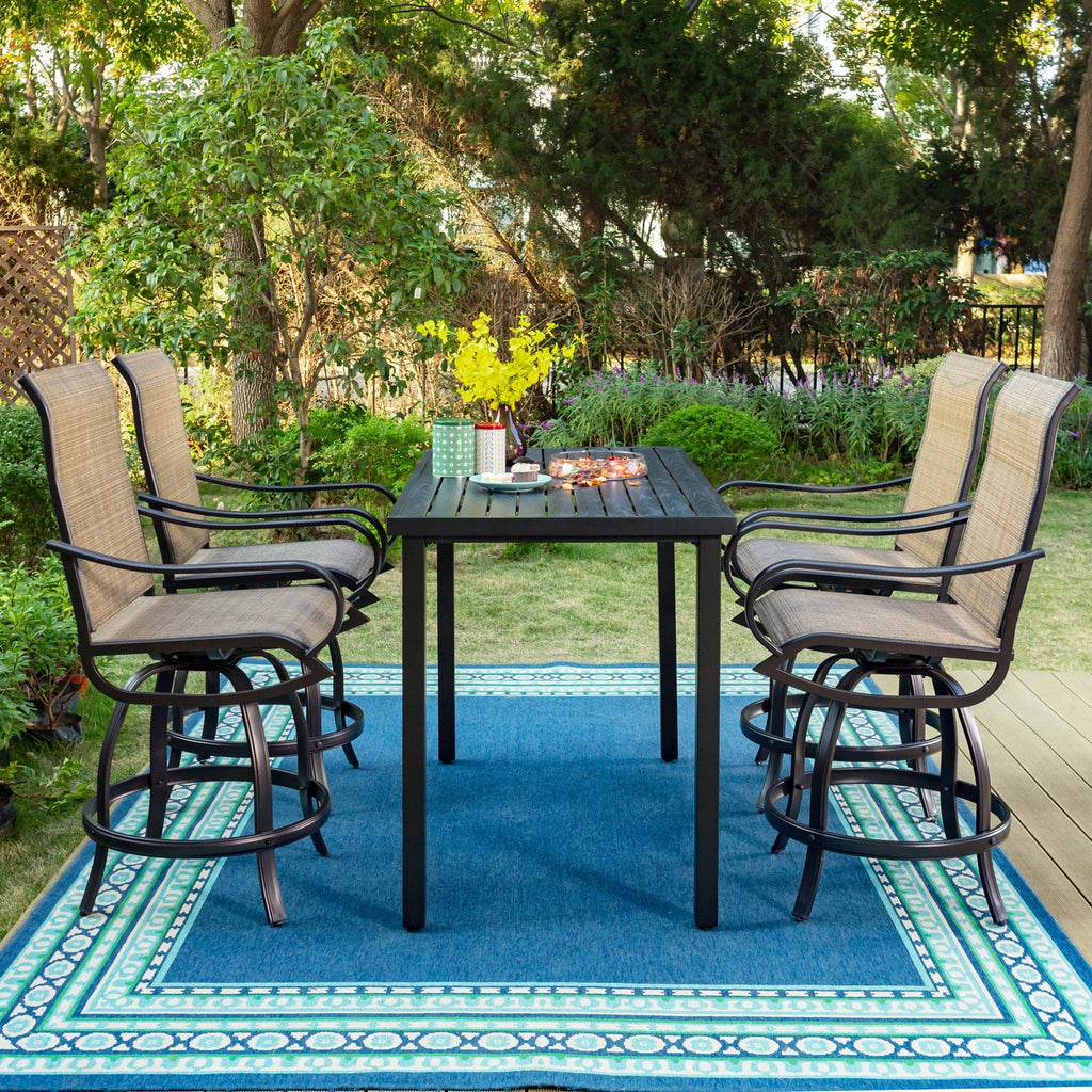 5-Piece Outdoor Bar Stool Set with Rectangle Counter Height Table & Patio Swivel Bar Chairs, Black & Brown X515