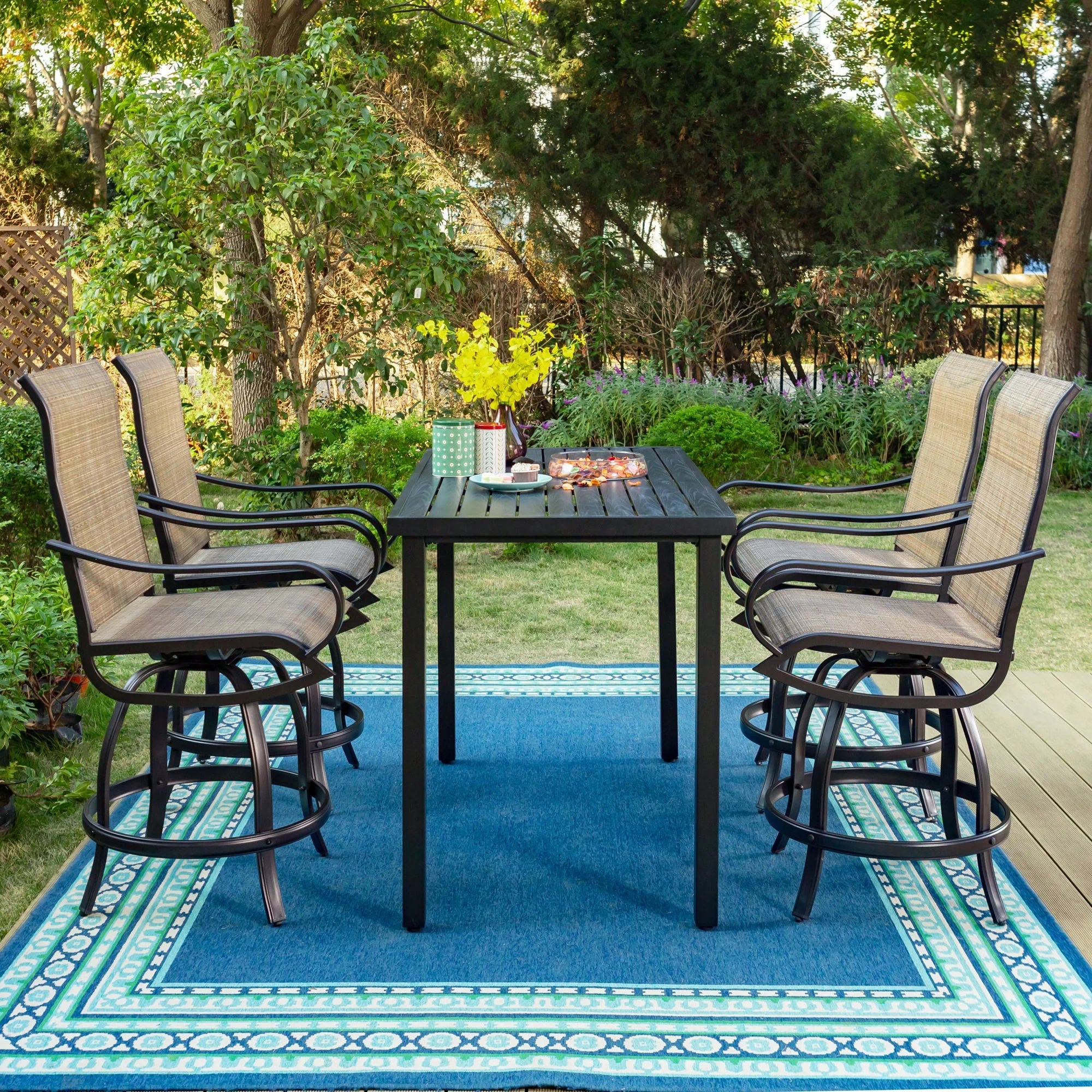 5-Piece Outdoor Bar Stool Set with Rectangle Counter Height Table & Patio Swivel Bar Chairs, Black & Brown X515