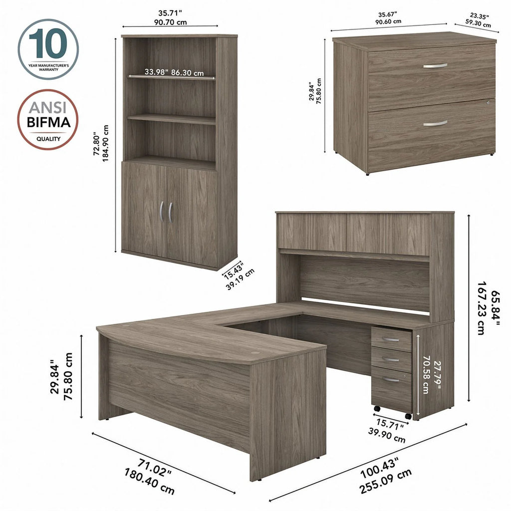 Engineered Wood 72W U Desk with Hutch and Storage in Modern Hickory F579154