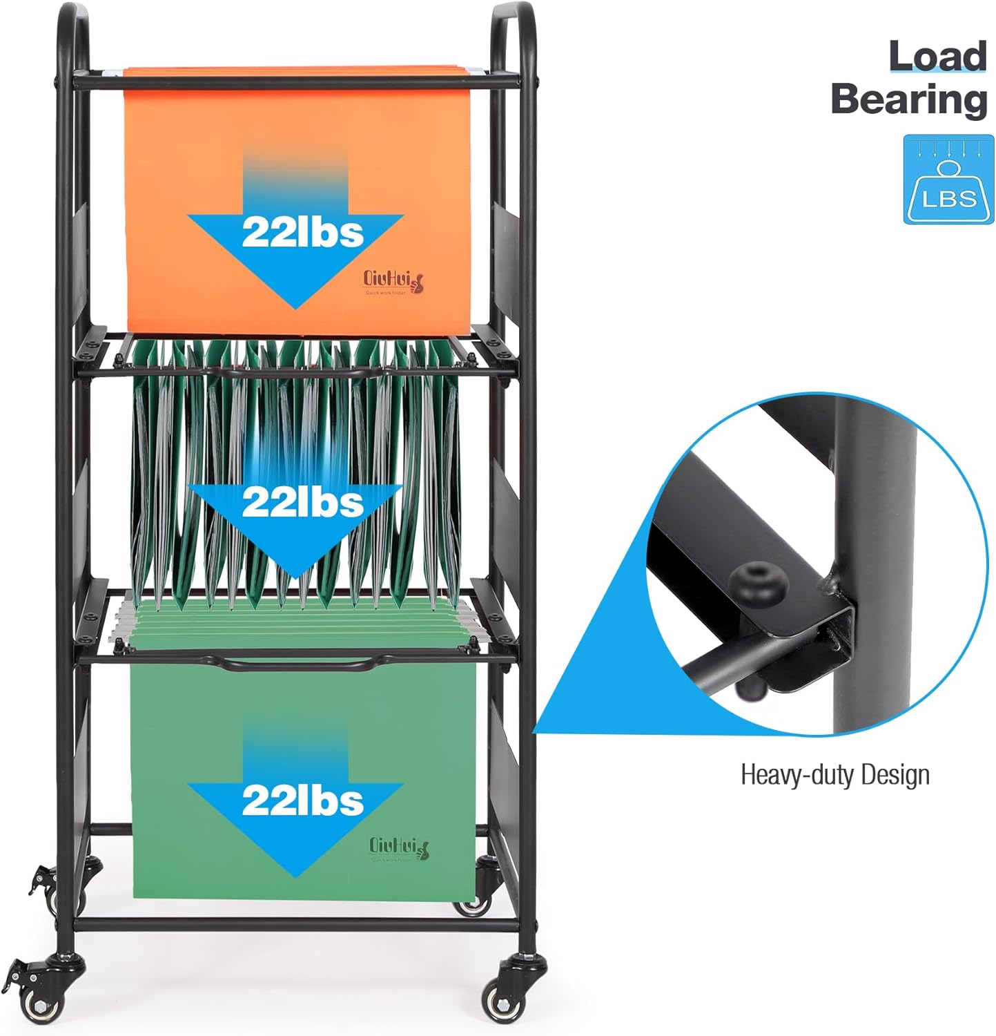 3-Tier Metal Rolling File Cart with Wheels, Black C3320
