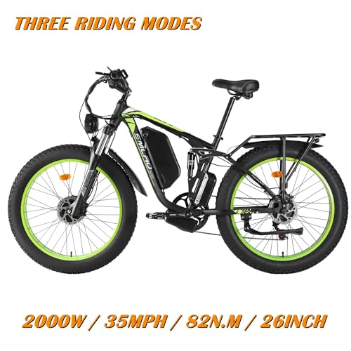 Dual Motors 2000W 35MPH Electric Mountain Bicycle with 48V 22.4AH Removable Battery, 7 Speed 26" Fat Tire Full Suspension Hydraulic Disc Brake Q350