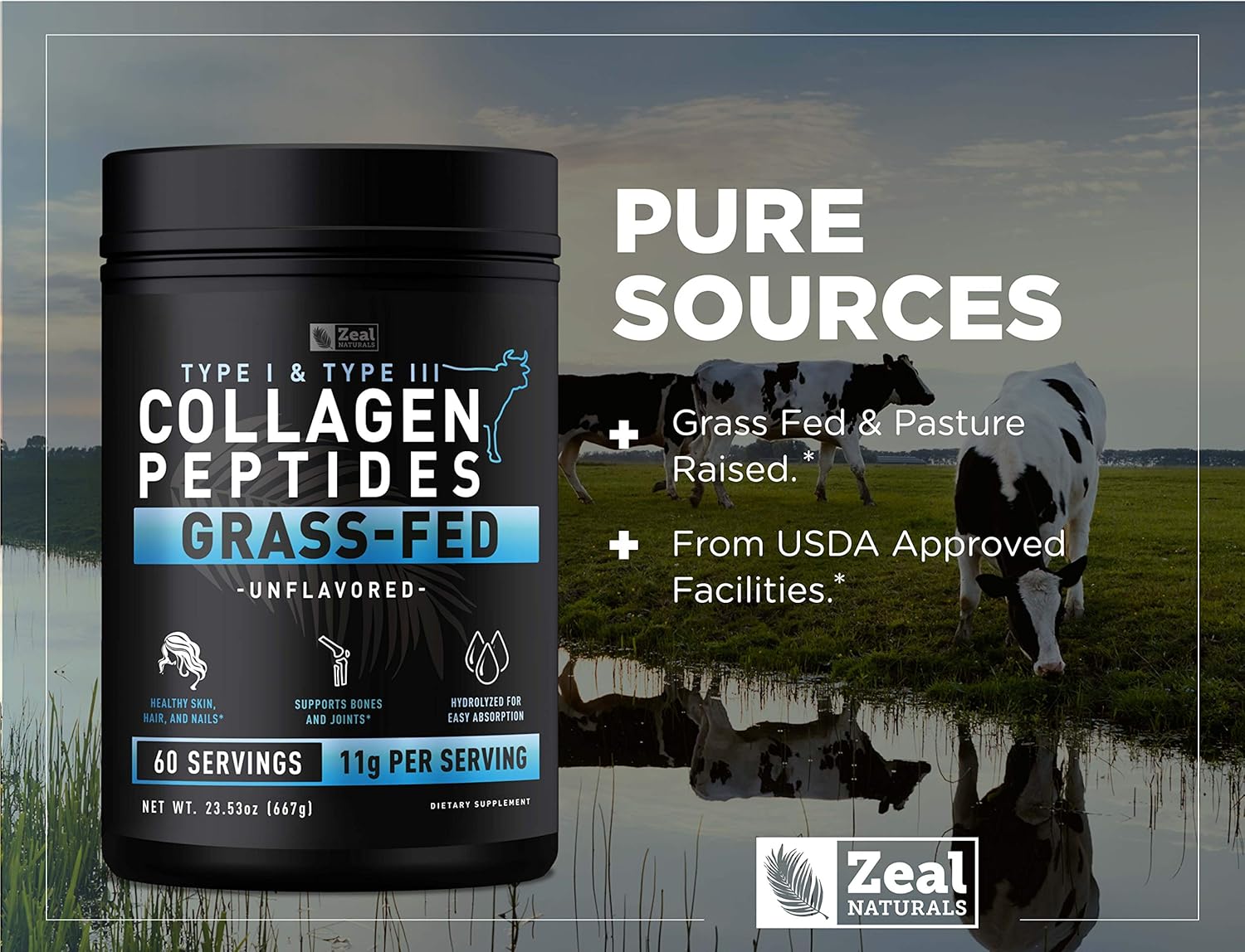 Collagen Peptides Powder (11g | 60 Servings) Grass Fed Bovine Collagen Powder Hydrolyzed Q3720