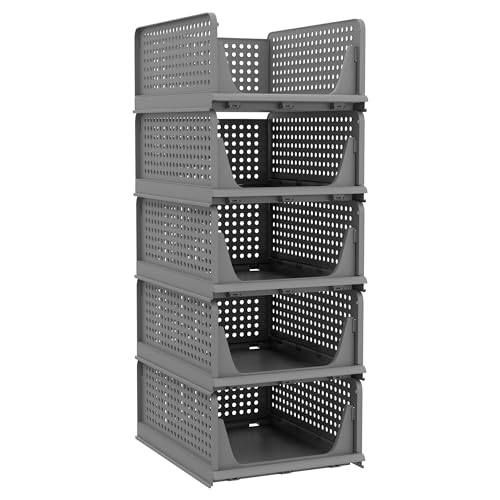 5 Pack Folding Plastic Drawer Basket Storage Box (Grey) W809415