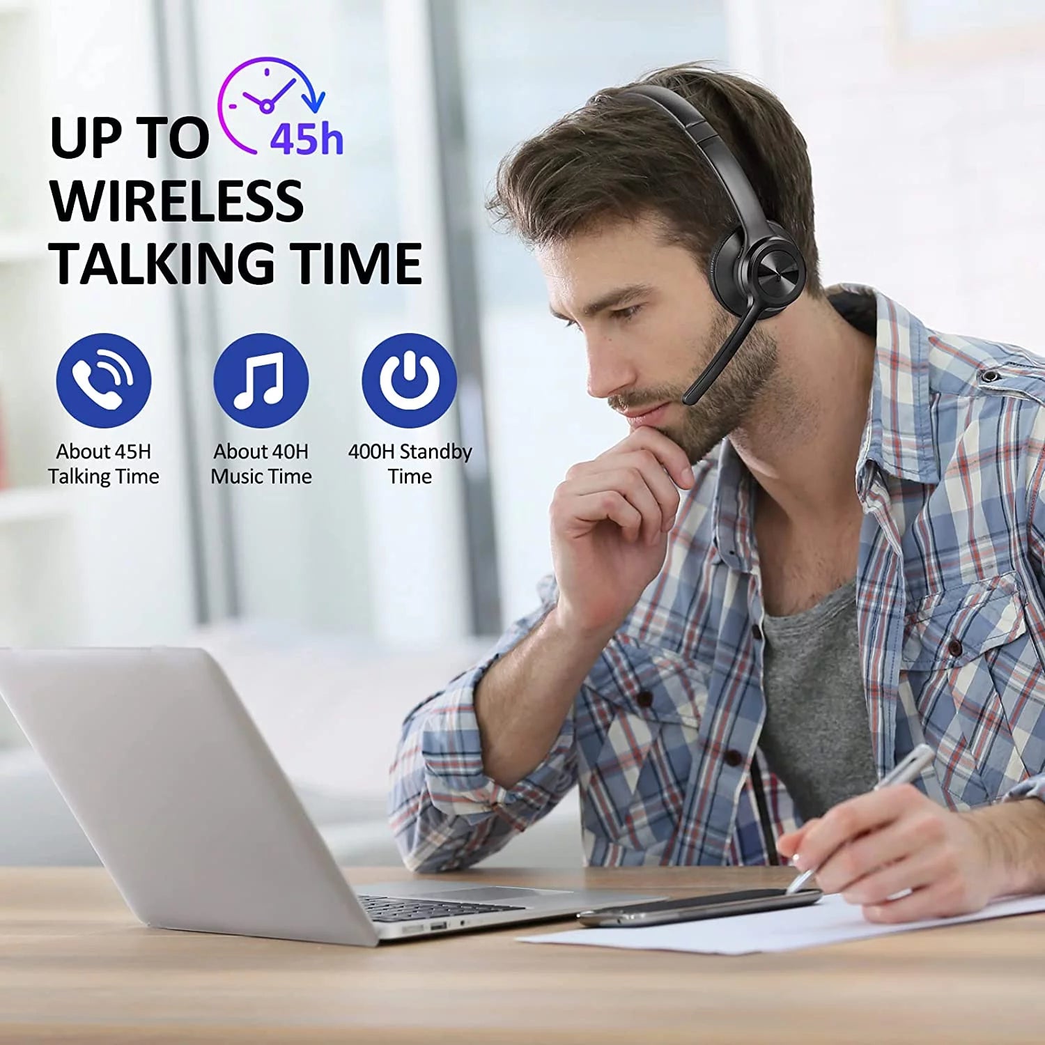 Bluetooth Headset V5.2 Wireless Headphones with Noise Cancelling Microphone U213