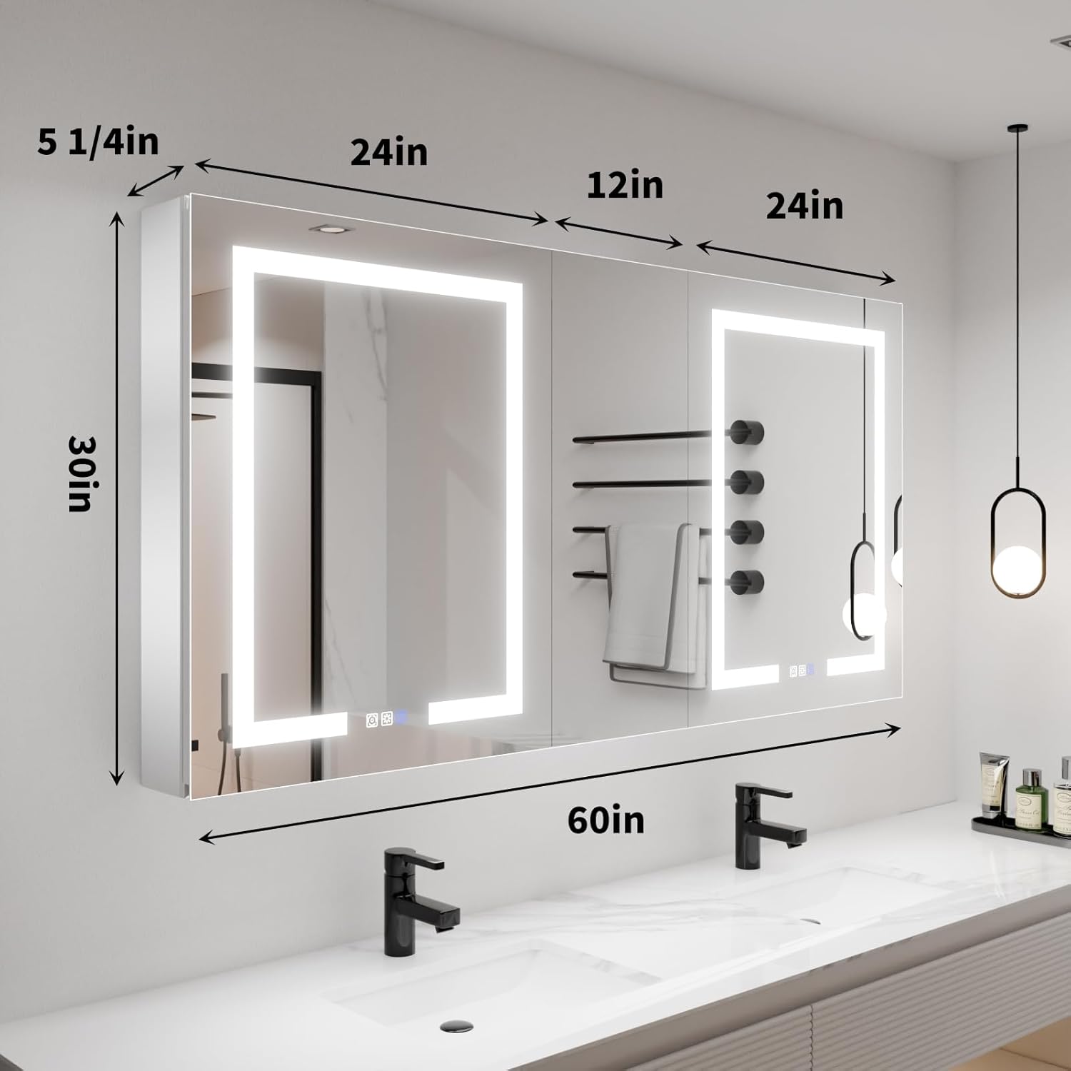 LED Lighted Bathroom Medicine Cabinet with Mirror, 60 x 30 Inch, with Extra Closed Storage Cabinet P760404