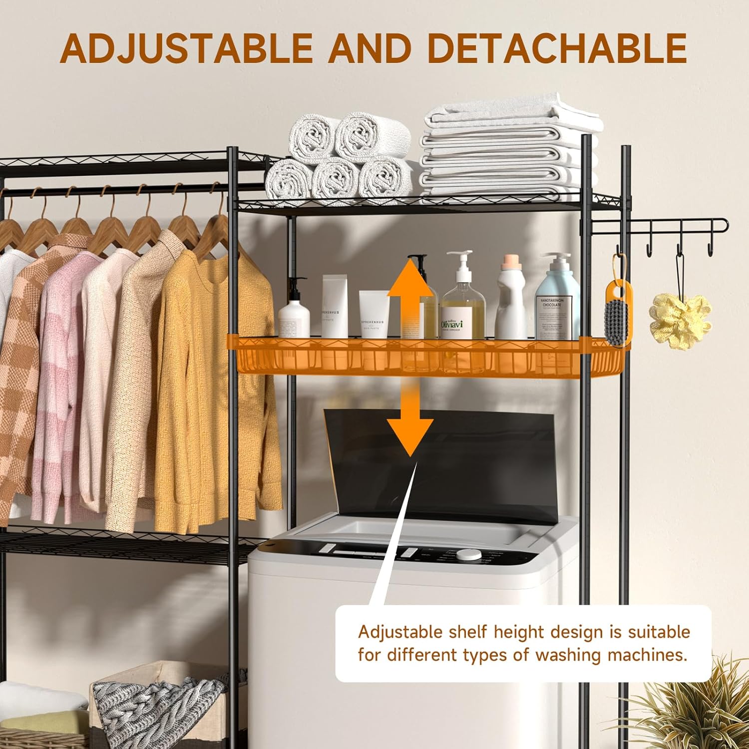 Over The Washer and Dryer Laundry Room Storage Shelf with Adjustable Shelves, Wire Basket, and Rotatable Hooks Z150991