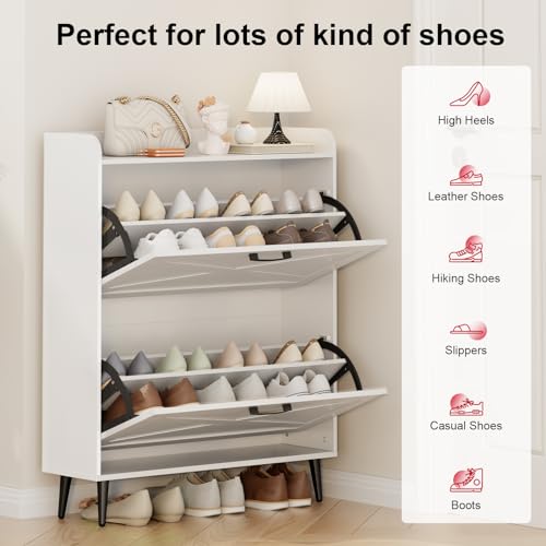 White Shoe Storage Cabinet with 2 Flip Doors and Metal Legs Z454