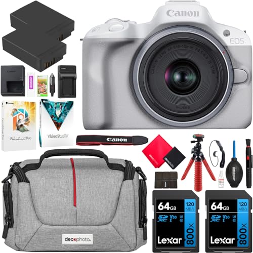 White Mirrorless Camera with RF-S 18-45mm Lens, 64GB Memory Cards, Battery, Bag O103