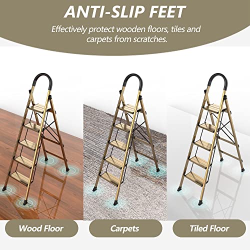 5 Step Folding Black Aluminum Ladder with Anti-Slip Pedal V314492