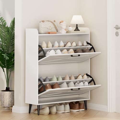 White Shoe Storage Cabinet with 2 Flip Doors and Metal Legs Z454