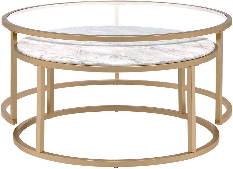 Modern Nesting Coffee Table Set of 2, Faux Marble & Clear Glass Top, Metal Frame, Gold Finish Q850911