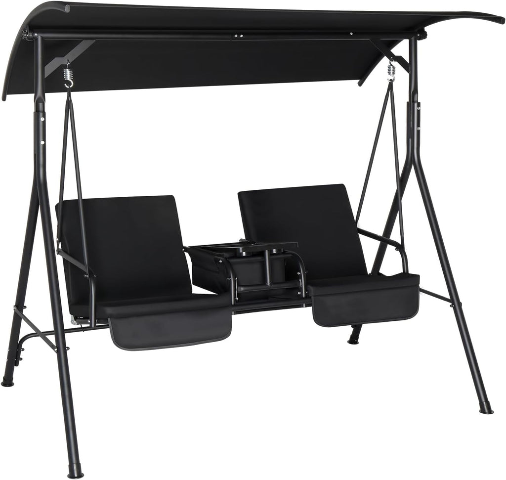 Black Heavy Duty Outdoor Porch Swing with Canopy and Cushions T70444