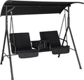 Black Heavy Duty Outdoor Porch Swing with Canopy and Cushions T70444