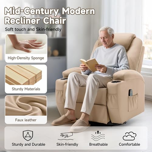 Recliner Chair with Massage and Heat, 360° Swivel, Remote Control and Cup Holder O122458