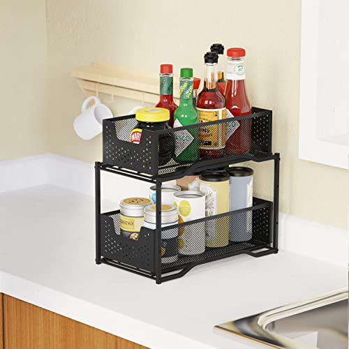 Black 2 Pack Stackable 2 Tier Under Sink Cabinet Organizer with Sliding Storage Drawer T362