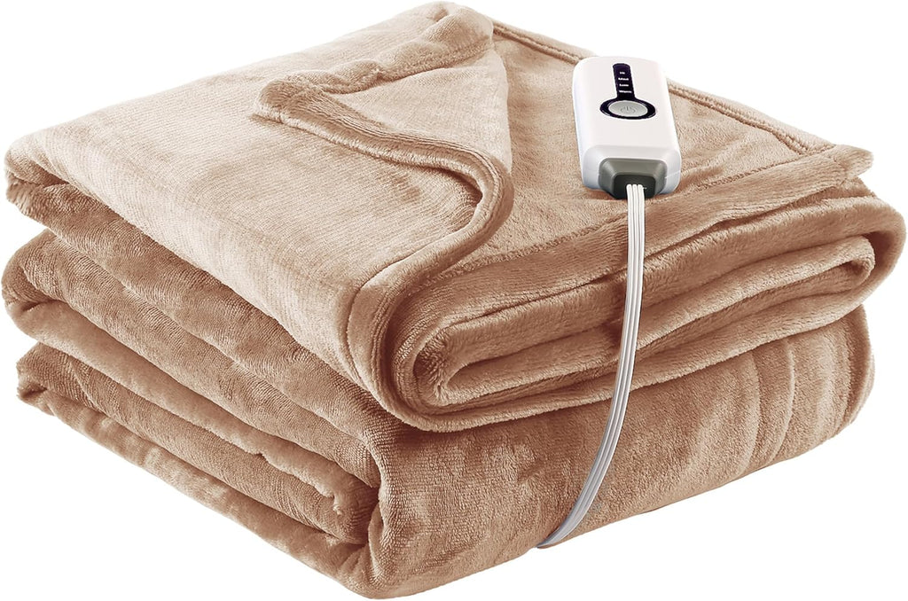Light Brown Full Size Flannel Heated Blanket J14227