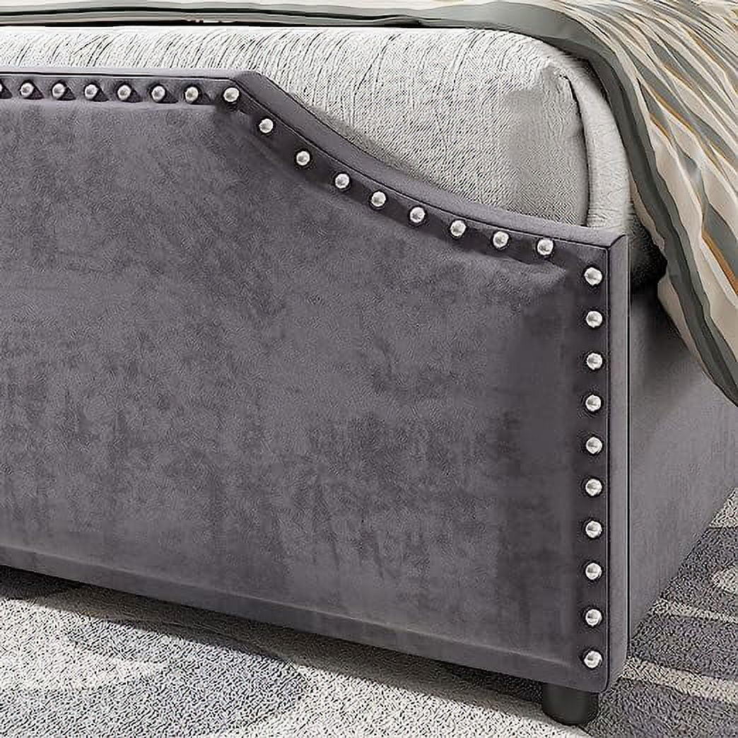 King Size Velvet Upholstered Platform Bed Frame with 4 Storage Drawers and Headboard O750666