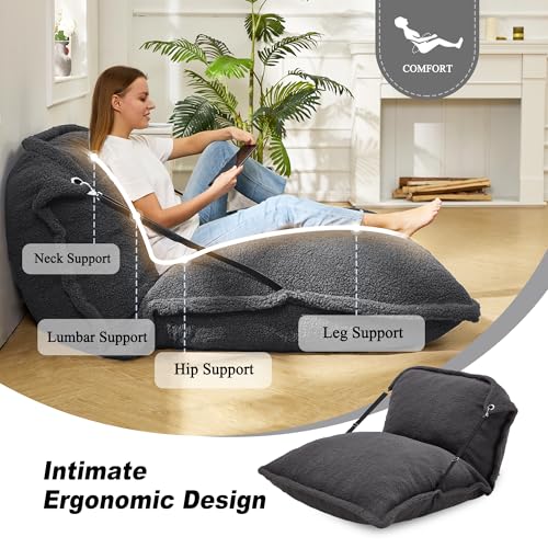 Grey Giant Bean Bag Chair with Adjustable Backrest and Detachable Sherpa Cover J486123