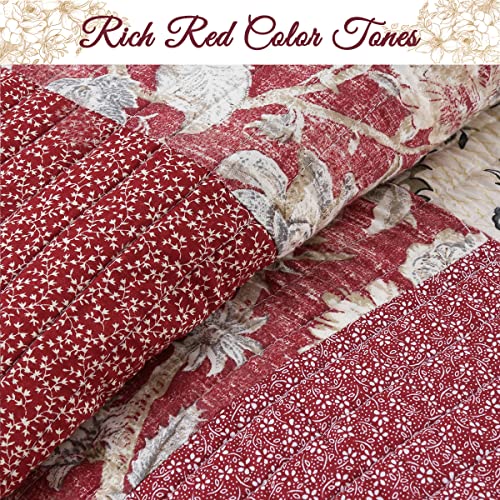 Burgundy Wine Red Floral Paisley Patchwork 100% Cotton Reversible Quilt Bedding Set, Queen - 3 Piece H897265