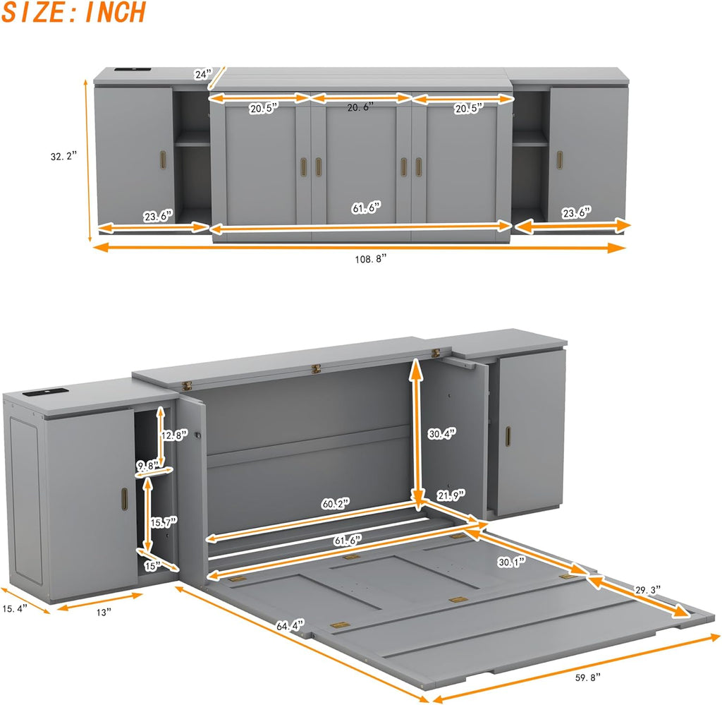 Queen Size Wooden Murphy Bed with Storage Shelves and Cabinets N801804