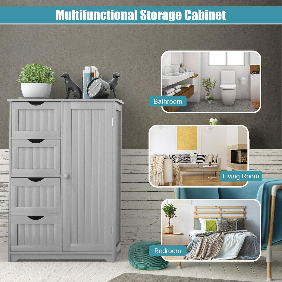 Grey Freestanding Bathroom Floor Cabinet with 4 Drawer A89138