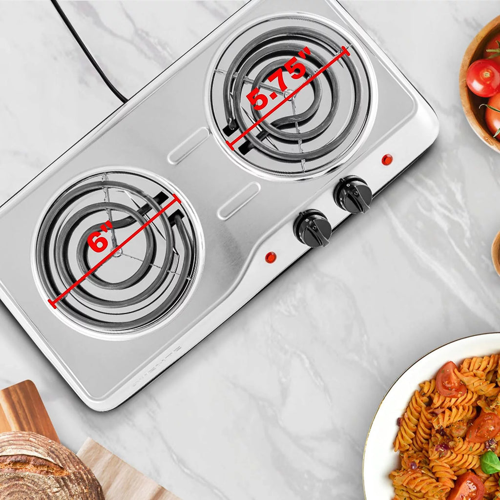 Silver Electric Countertop Double Burner with Stainless Steel Coil Hot Plates A183