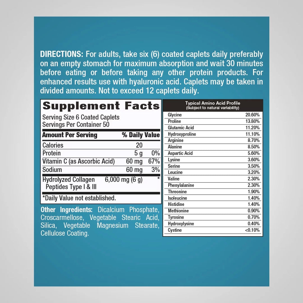 Collagen Pills 6000mg 300 Caplets Hydrolyzed Peptide Supplement Type I & III Non-GMO Gluten Free G2636