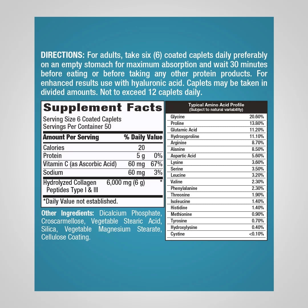 Collagen Pills 6000mg 300 Caplets Hydrolyzed Peptide Supplement Type I & III Non-GMO Gluten Free G2636