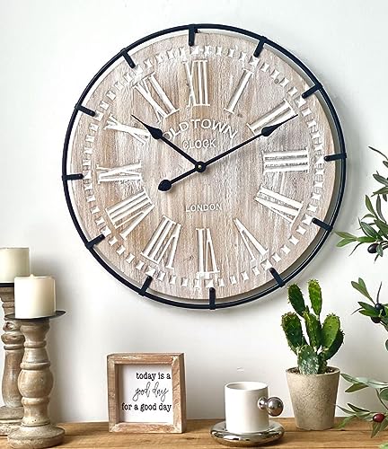 24 Inch Rustic Wood Wall Clock with Metal Circle and Numerals B79526